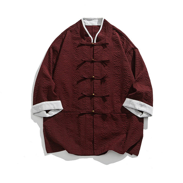 Buddha Stones Camicia da uomo con bottoni e tasche, tinta unita, manica a tre quarti, modello Tang Suit - Rosso scuro - US/UK/AU46, EU56 (5XL) - image 13