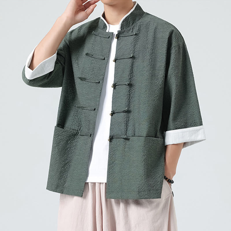 Buddha Stones Camicia da uomo con bottoni e tasche, tinta unita, manica a tre quarti, modello Tang Suit - image 30