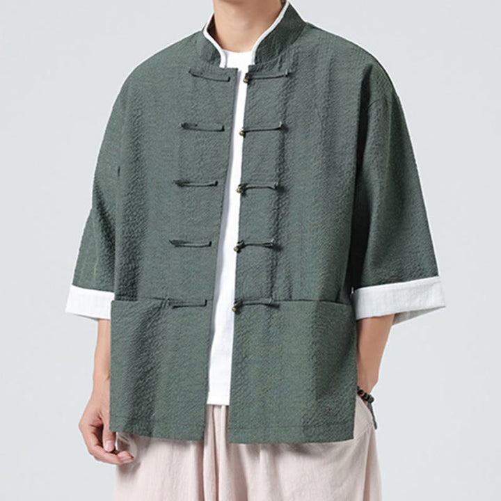 Buddha Stones Camicia da uomo con bottoni e tasche, tinta unita, manica a tre quarti, modello Tang Suit - image 28