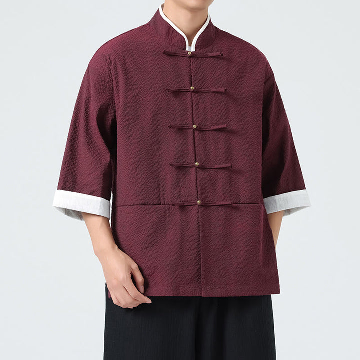 Buddha Stones Camicia da uomo con bottoni e tasche, tinta unita, manica a tre quarti, modello Tang Suit - image 15