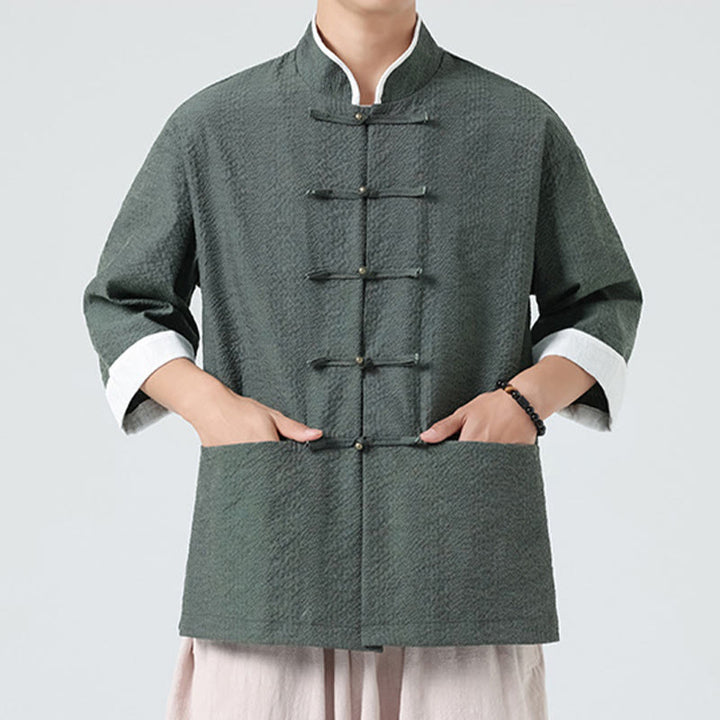 Buddha Stones Camicia da uomo con bottoni e tasche, tinta unita, manica a tre quarti, modello Tang Suit - image 23