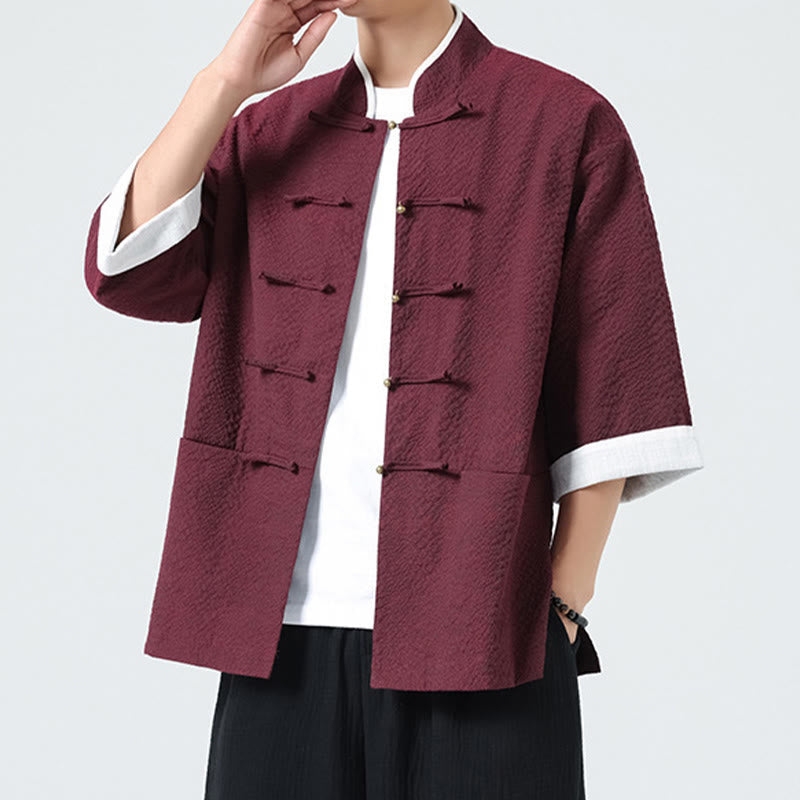 Buddha Stones Camicia da uomo con bottoni e tasche, tinta unita, manica a tre quarti, modello Tang Suit - image 20