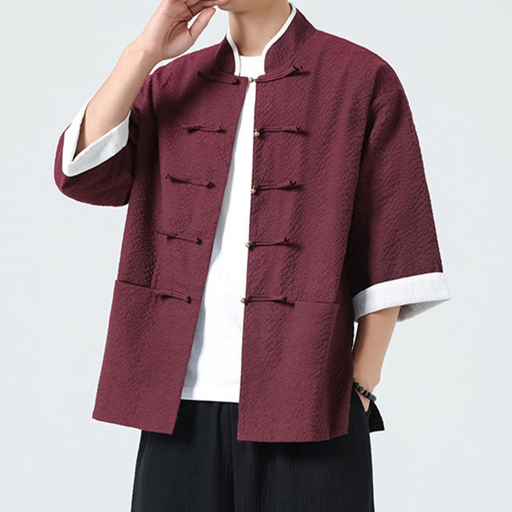 Buddha Stones Camicia da uomo con bottoni e tasche, tinta unita, manica a tre quarti, modello Tang Suit - image 20