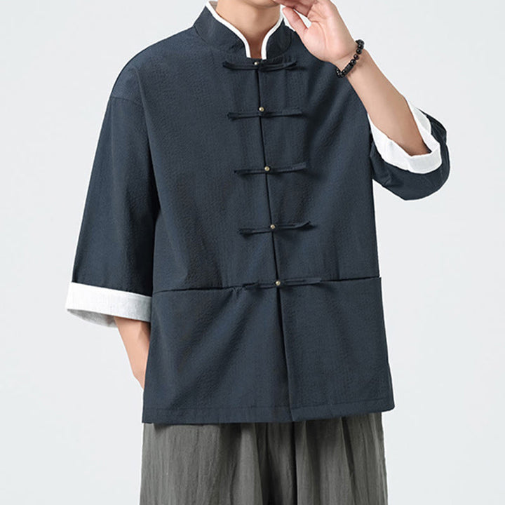 Buddha Stones Camicia da uomo con bottoni e tasche, tinta unita, manica a tre quarti, modello Tang Suit - image 0