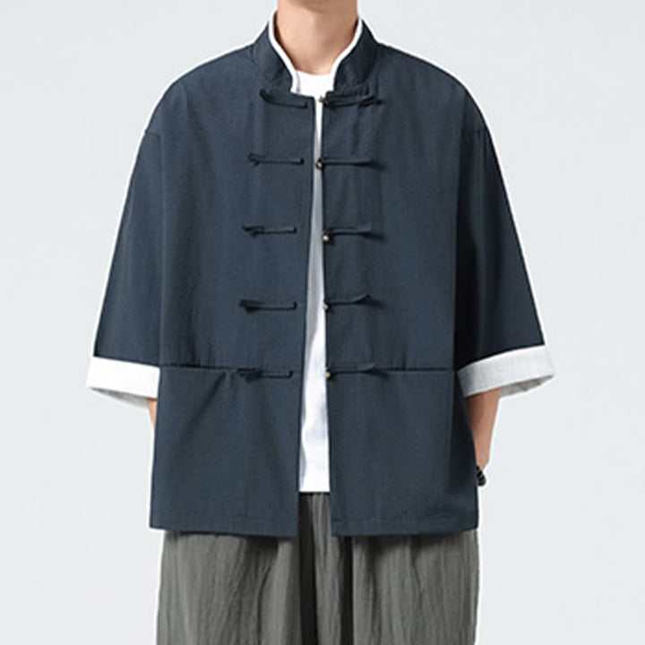 Buddha Stones Camicia da uomo con bottoni e tasche, tinta unita, manica a tre quarti, modello Tang Suit - image 6