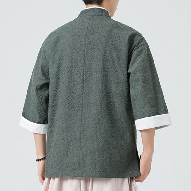 Buddha Stones Camicia da uomo con bottoni e tasche, tinta unita, manica a tre quarti, modello Tang Suit - image 26