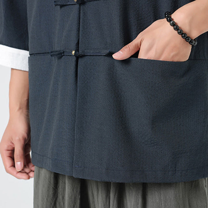 Buddha Stones Camicia da uomo con bottoni e tasche, tinta unita, manica a tre quarti, modello Tang Suit - image 10
