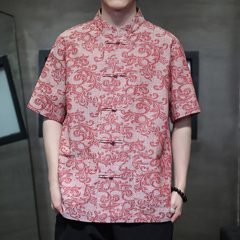 Buddha Stones Camicia a maniche corte da uomo con tasche e bottoni a rana, modello estivo floreale con motivo a vite - Rosa chiaro - US/UK/AU44, EU54 (4XL) - image 14
