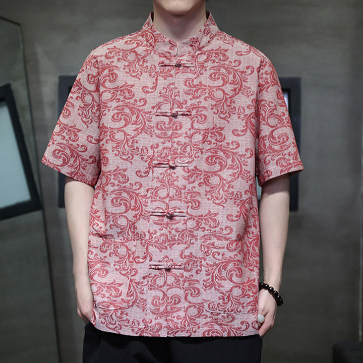 Buddha Stones Camicia a maniche corte da uomo con tasche e bottoni a rana, modello estivo floreale con motivo a vite - Rosa chiaro - US/UK/AU44, EU54 (4XL) - image 14