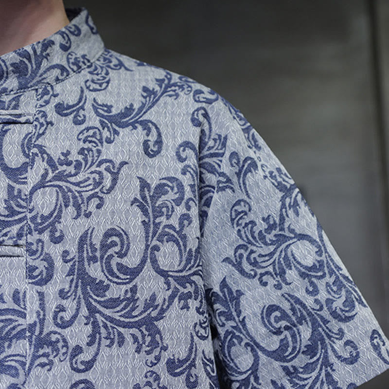 Buddha Stones Camicia a maniche corte da uomo con tasche e bottoni a rana, modello estivo floreale con motivo a vite - image 11