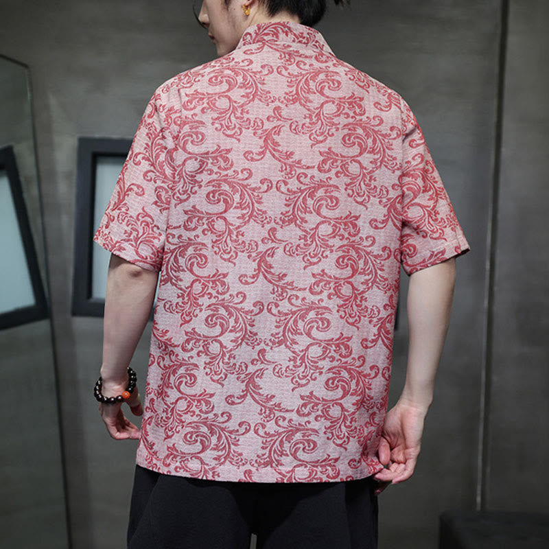 Buddha Stones Camicia a maniche corte da uomo con tasche e bottoni a rana, modello estivo floreale con motivo a vite - image 15