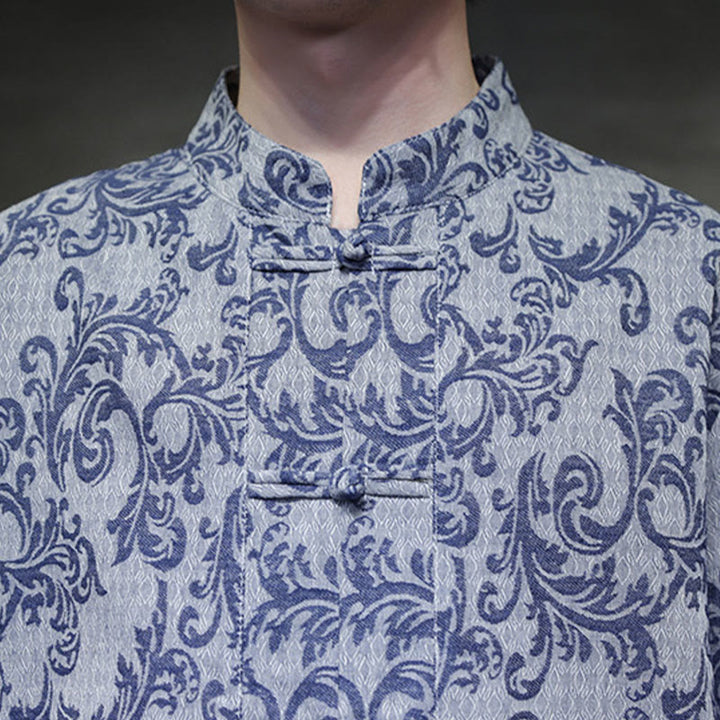 Buddha Stones Camicia a maniche corte da uomo con tasche e bottoni a rana, modello estivo floreale con motivo a vite - image 10