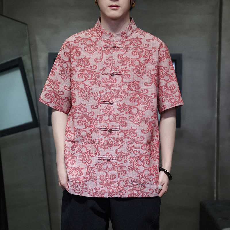 Buddha Stones Camicia a maniche corte da uomo con tasche e bottoni a rana, modello estivo floreale con motivo a vite - image 18