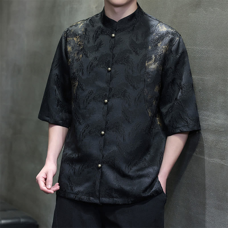 Buddha Stones Camicia da uomo in cotone a mezza manica con bottoni e motivo Bagua in jacquard testurizzato - Nero - US/UK/AU46, EU56 (5XL) - image 8