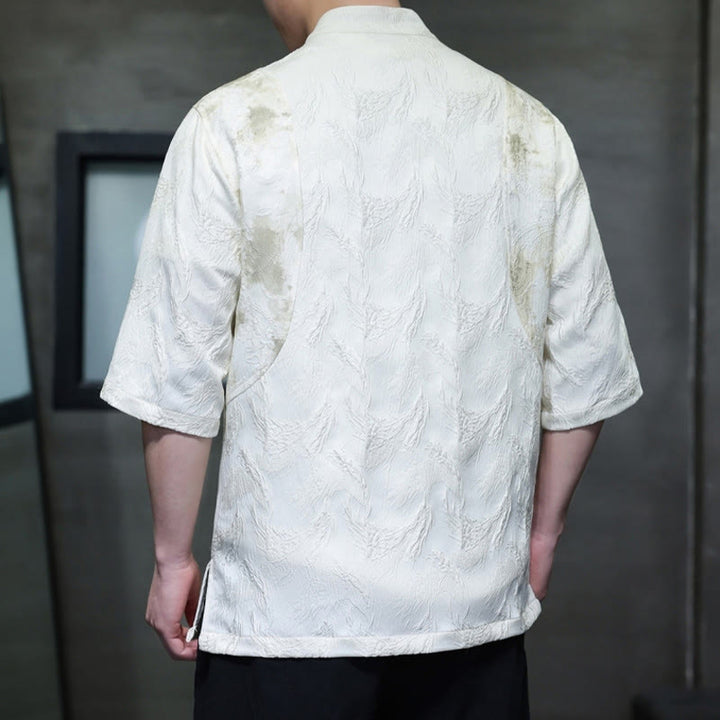 Buddha Stones Camicia da uomo in cotone a mezza manica con bottoni e motivo Bagua in jacquard testurizzato - image 2