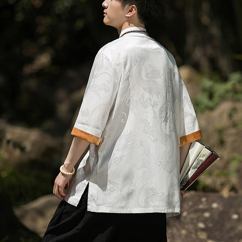 Buddha Stones Camicia da uomo a mezza manica con bottoni a rana, motivo drago ricamato, design colorblock - image 2