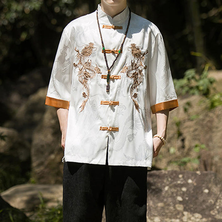 Buddha Stones Camicia da uomo a mezza manica con bottoni a rana, motivo drago ricamato, design colorblock - image 4