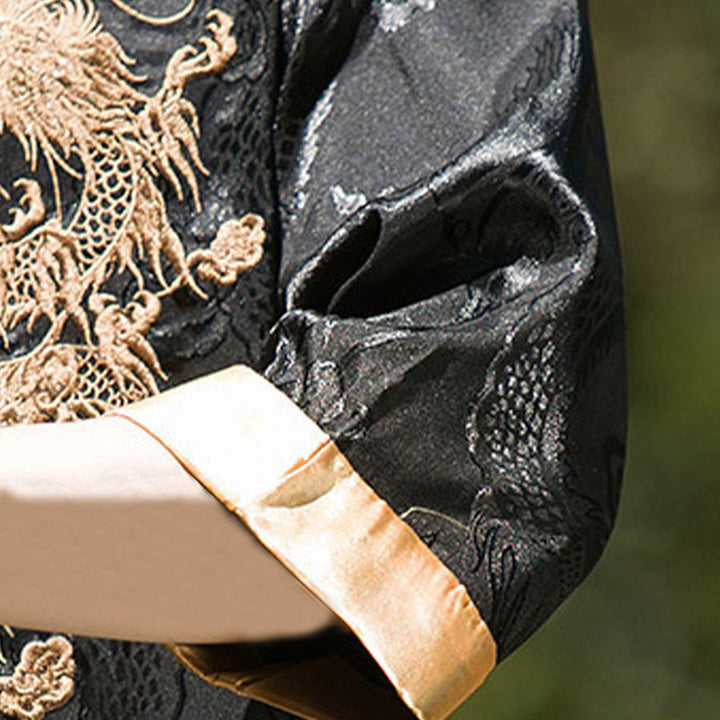 Buddha Stones Camicia da uomo a mezza manica con bottoni a rana, motivo drago ricamato, design colorblock - image 21