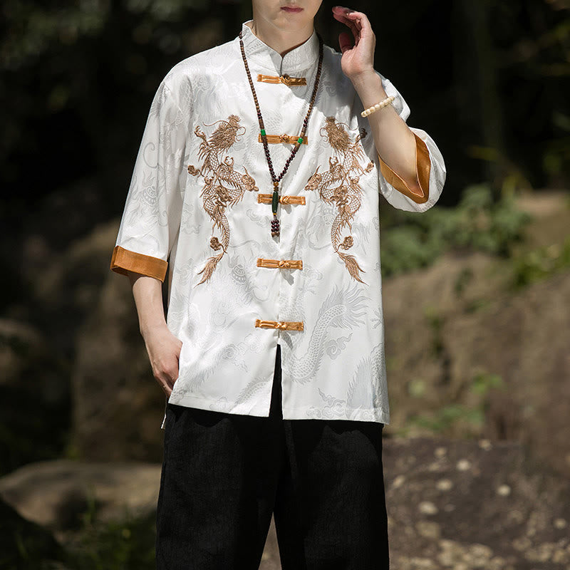 Buddha Stones Camicia da uomo a mezza manica con bottoni a rana, motivo drago ricamato, design colorblock - image 6