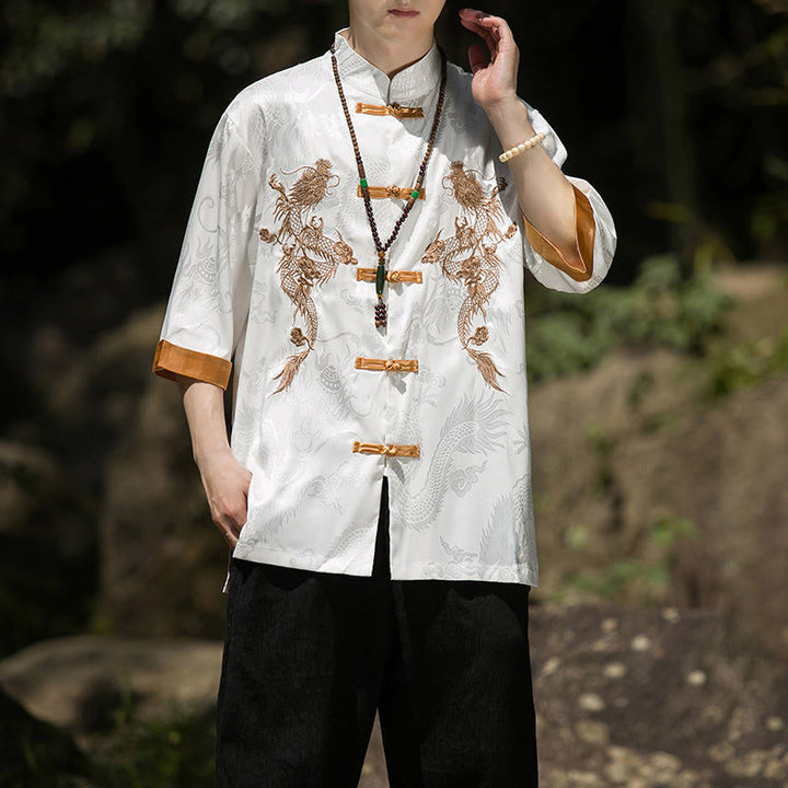 Buddha Stones Camicia da uomo a mezza manica con bottoni a rana, motivo drago ricamato, design colorblock - image 6