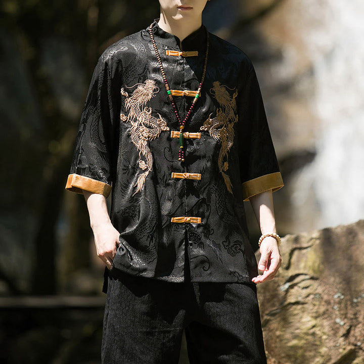 Buddha Stones Camicia da uomo a mezza manica con bottoni a rana, motivo drago ricamato, design colorblock - image 11
