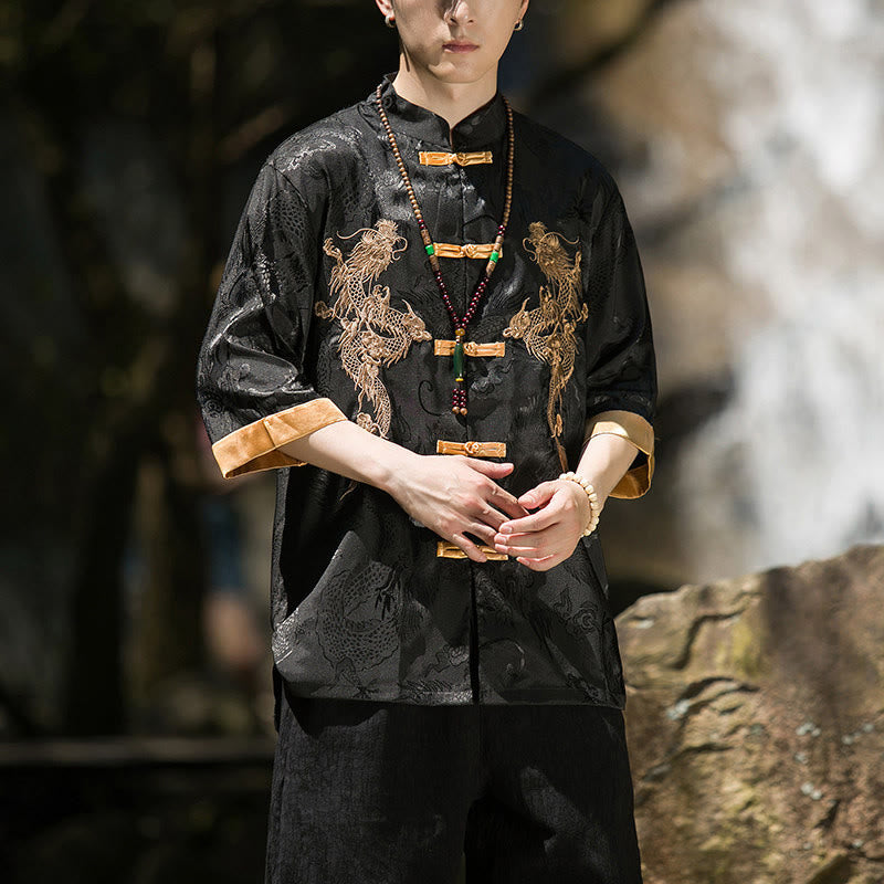 Buddha Stones Camicia da uomo a mezza manica con bottoni a rana, motivo drago ricamato, design colorblock - image 12