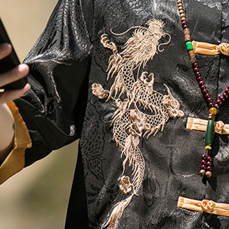 Buddha Stones Camicia da uomo a mezza manica con bottoni a rana, motivo drago ricamato, design colorblock - image 20