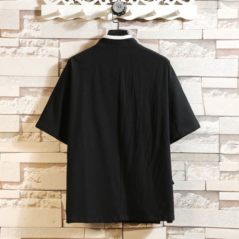 Buddha Stones Giacca da uomo in cotone con maniche corte e apertura frontale, motivo a gru e nuvola di buon auspicio ricamata - image 5