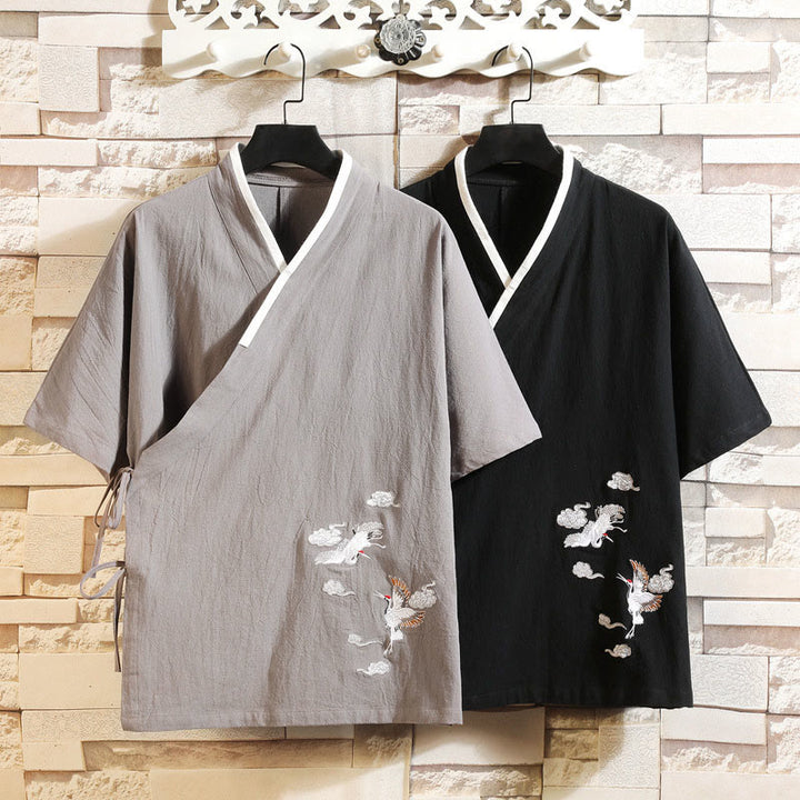 Buddha Stones Giacca da uomo in cotone con maniche corte e apertura frontale, motivo a gru e nuvola di buon auspicio ricamata - image 15