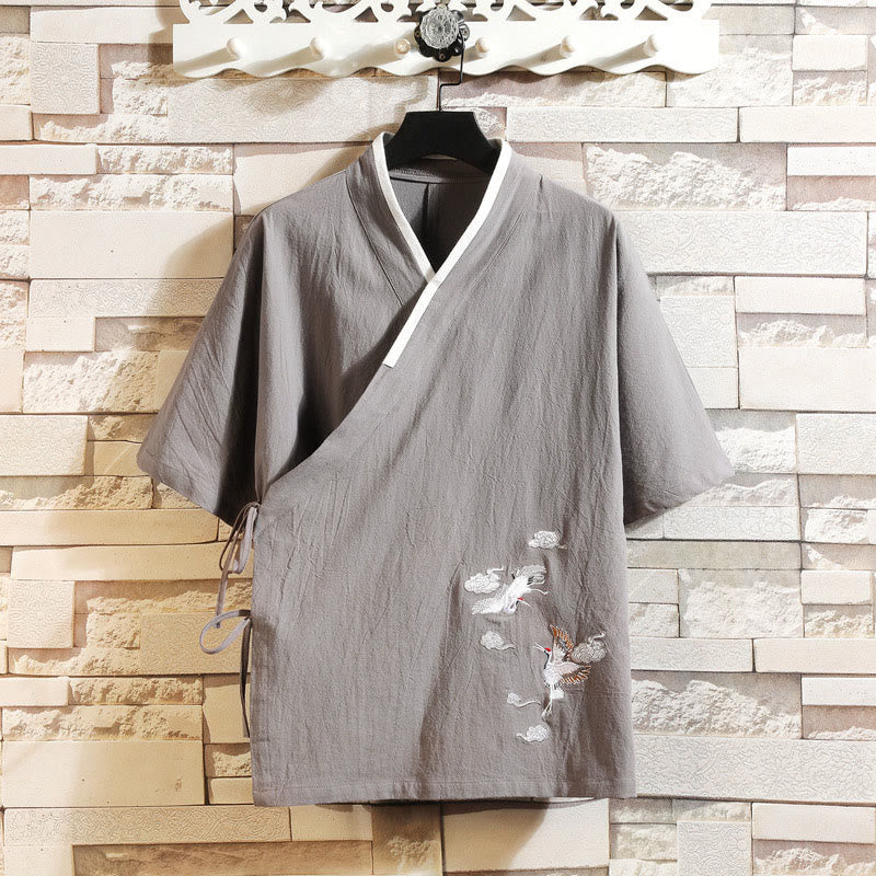 Buddha Stones Giacca da uomo in cotone con maniche corte e apertura frontale, motivo a gru e nuvola di buon auspicio ricamata - Grigio scuro - US/UK/AU46, EU56 (5XL) - image 2