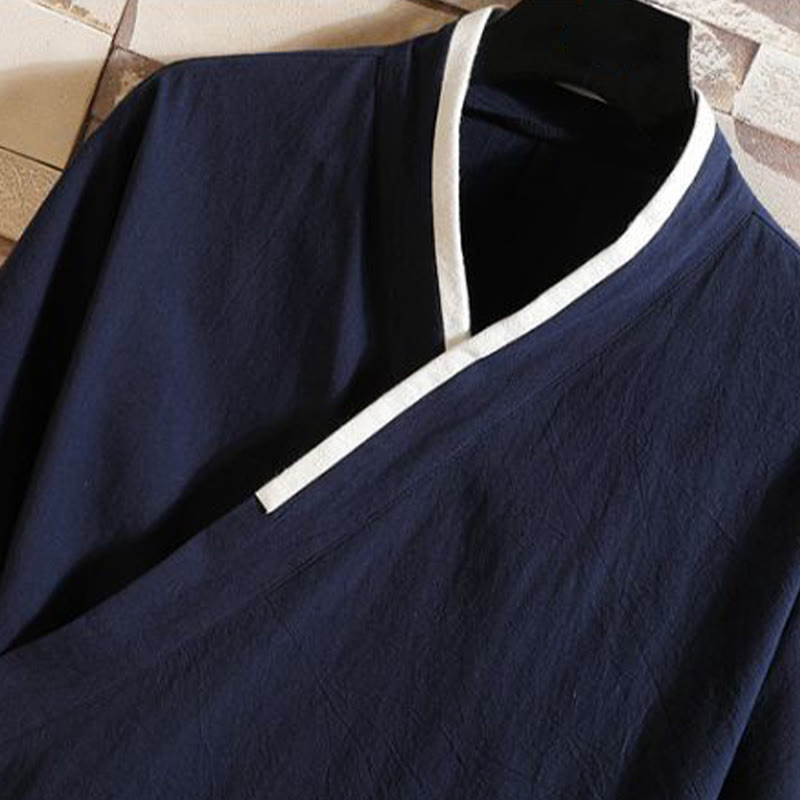 Buddha Stones Giacca da uomo in cotone con maniche corte e apertura frontale, motivo a gru e nuvola di buon auspicio ricamata - image 1