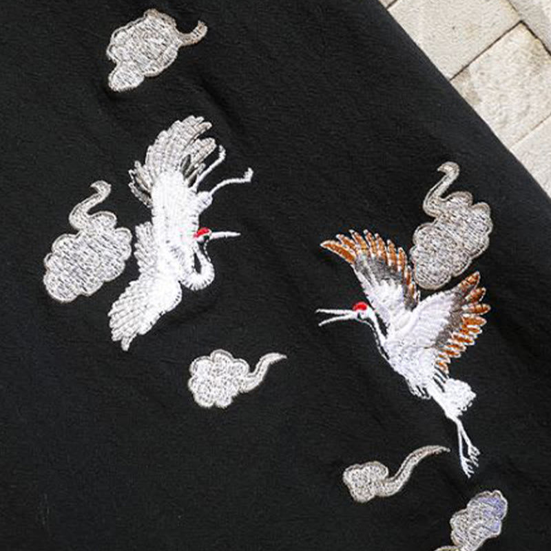 Buddha Stones Giacca da uomo in cotone con maniche corte e apertura frontale, motivo a gru e nuvola di buon auspicio ricamata - image 10