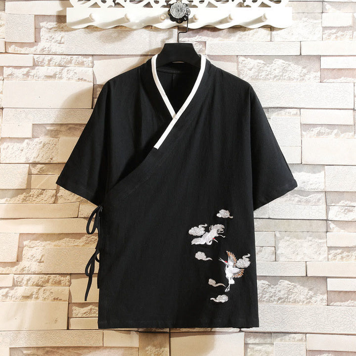 Buddha Stones Giacca da uomo in cotone con maniche corte e apertura frontale, motivo a gru e nuvola di buon auspicio ricamata - Nero - US/UK/AU46, EU56 (5XL) - image 4