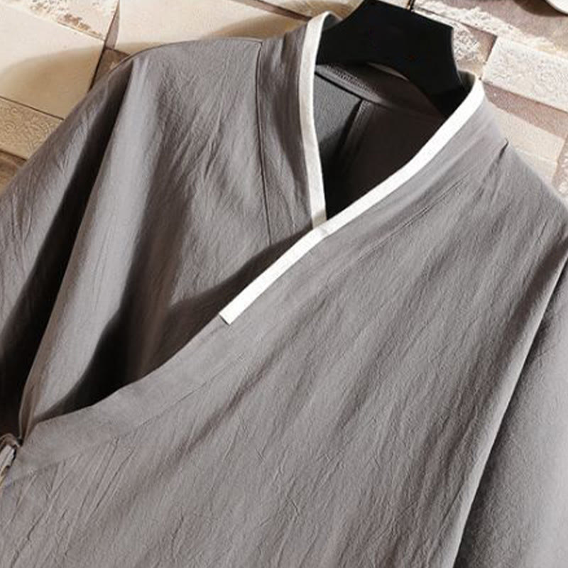 Buddha Stones Giacca da uomo in cotone con maniche corte e apertura frontale, motivo a gru e nuvola di buon auspicio ricamata - image 3