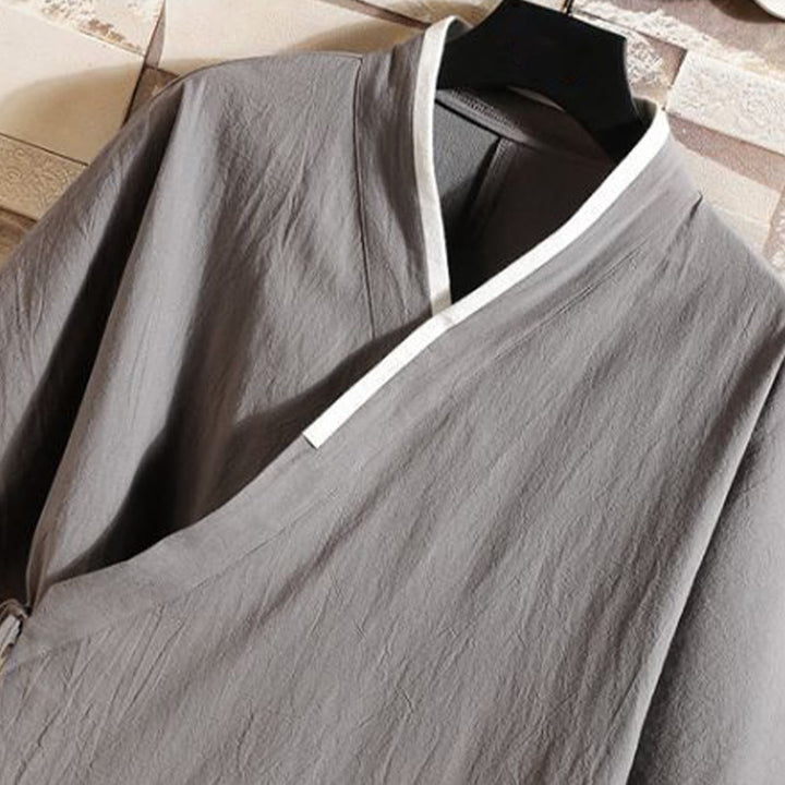 Buddha Stones Giacca da uomo in cotone con maniche corte e apertura frontale, motivo a gru e nuvola di buon auspicio ricamata - image 3