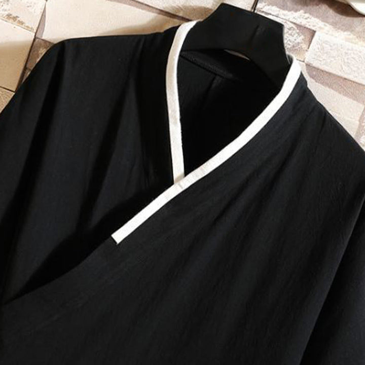 Buddha Stones Giacca da uomo in cotone con maniche corte e apertura frontale, motivo a gru e nuvola di buon auspicio ricamata - image 6