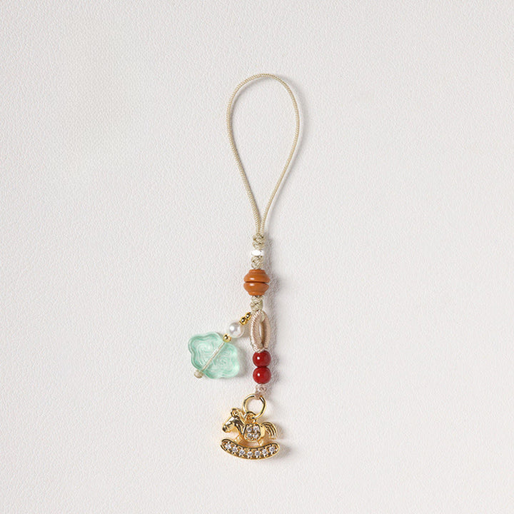 Buddha Stones Decorazione da appendere al telefono Liuli Luck dell'anno del cavallo, rame, cinabro, calcedonio blu, agata rossa - Cavallo a dondolo in zircone - image 11