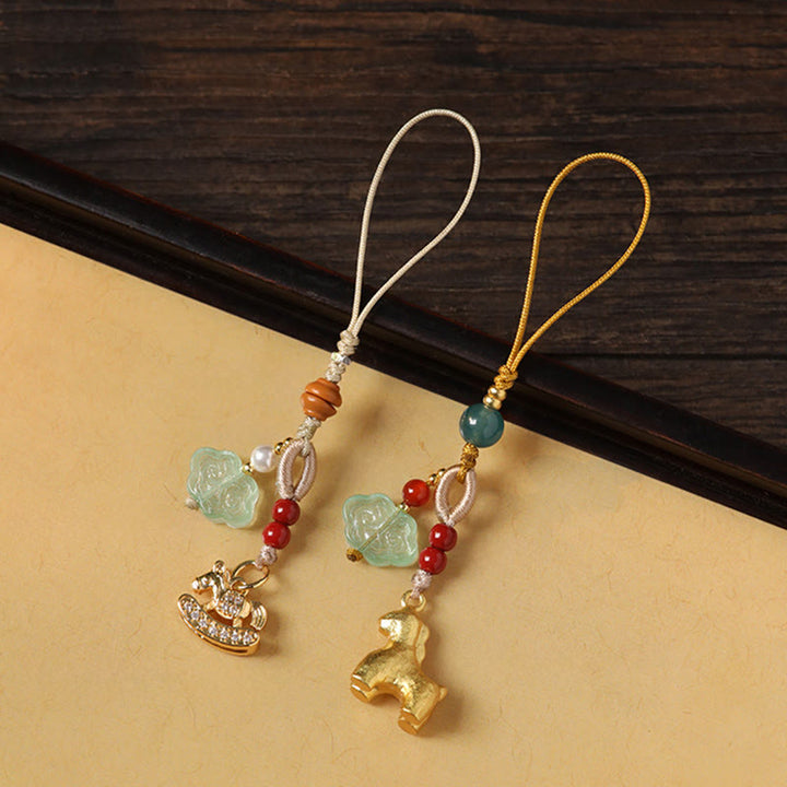 Buddha Stones Decorazione da appendere al telefono Liuli Luck dell'anno del cavallo, rame, cinabro, calcedonio blu, agata rossa - image 17