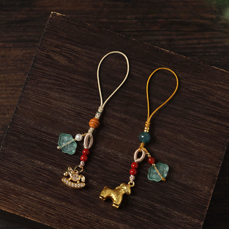 Buddha Stones Decorazione da appendere al telefono Liuli Luck dell'anno del cavallo, rame, cinabro, calcedonio blu, agata rossa - image 18