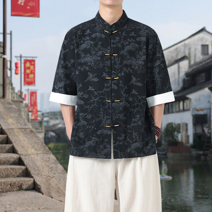 Buddha Stones Camicia da uomo in cotone con maniche corte, bottoni a rana e tasche, modello Summer Crane Pine Tree Tang Suit - Nero - US/UK/AU46, EU56 (5XL) - image 0