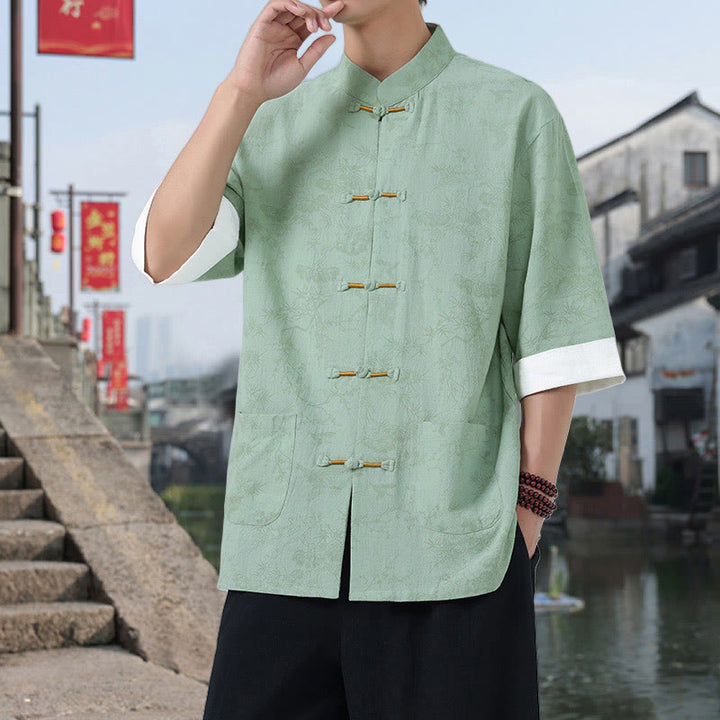Buddha Stones Camicia da uomo in cotone con maniche corte, bottoni a rana e tasche, modello Summer Crane Pine Tree Tang Suit - Verde pallido - US/UK/AU46, EU56 (5XL) - image 12
