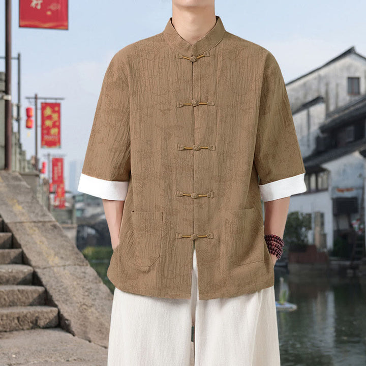 Buddha Stones Camicia da uomo in cotone con maniche corte, bottoni a rana e tasche, modello Summer Crane Pine Tree Tang Suit - Verga d'oro - US/UK/AU46, EU56 (5XL) - image 7