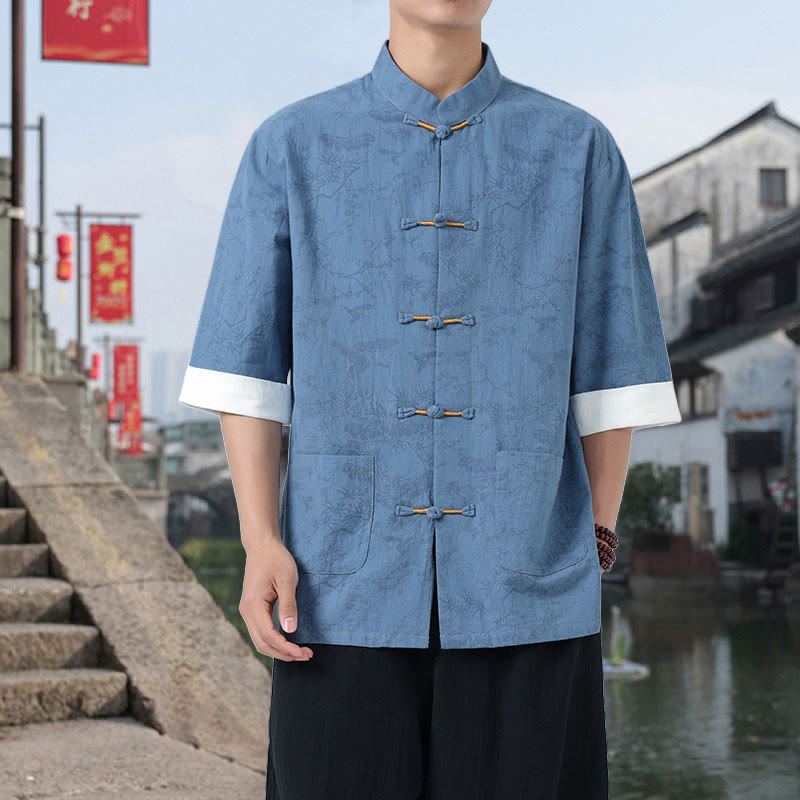 Buddha Stones Camicia da uomo in cotone con maniche corte, bottoni a rana e tasche, modello Summer Crane Pine Tree Tang Suit - Azzurro cielo chiaro - US/UK/AU46, EU56 (5XL) - image 14