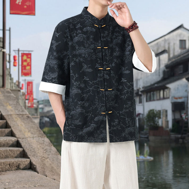 Buddha Stones Camicia da uomo in cotone con maniche corte, bottoni a rana e tasche, modello Summer Crane Pine Tree Tang Suit - image 2