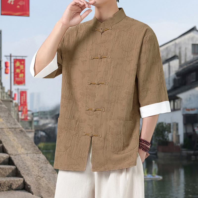 Buddha Stones Camicia da uomo in cotone con maniche corte, bottoni a rana e tasche, modello Summer Crane Pine Tree Tang Suit - image 11