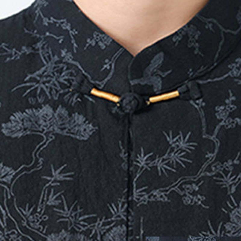 Buddha Stones Camicia da uomo in cotone con maniche corte, bottoni a rana e tasche, modello Summer Crane Pine Tree Tang Suit - image 3