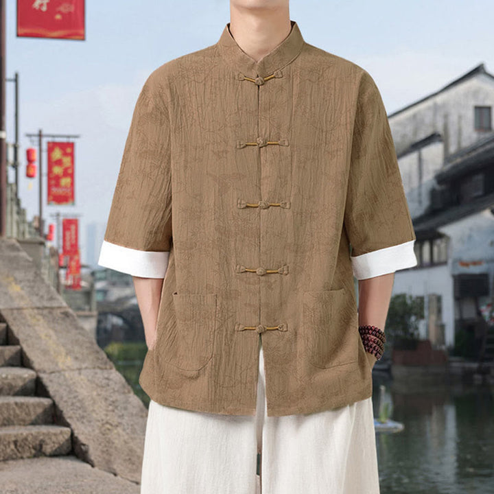 Buddha Stones Camicia da uomo in cotone con maniche corte, bottoni a rana e tasche, modello Summer Crane Pine Tree Tang Suit - image 10