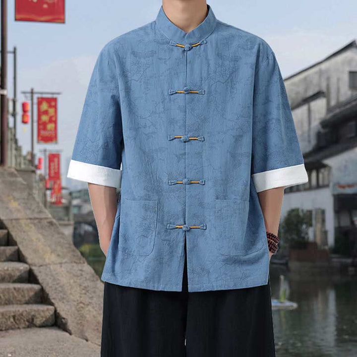 Buddha Stones Camicia da uomo in cotone con maniche corte, bottoni a rana e tasche, modello Summer Crane Pine Tree Tang Suit - image 16
