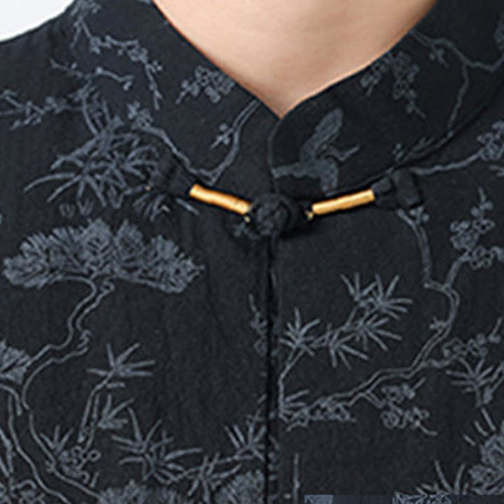 Buddha Stones Camicia da uomo in cotone con maniche corte, bottoni a rana e tasche, modello Summer Crane Pine Tree Tang Suit - image 3