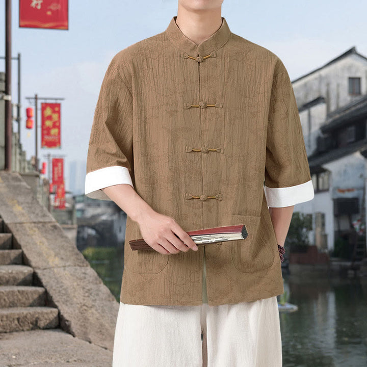 Buddha Stones Camicia da uomo in cotone con maniche corte, bottoni a rana e tasche, modello Summer Crane Pine Tree Tang Suit - image 9